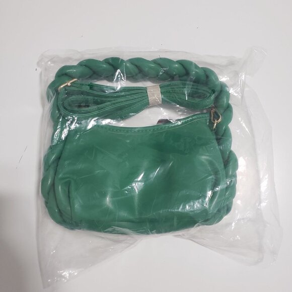 New Braided Handle Vegan Leather Hobo Bag in Green - Picture 6 of 6